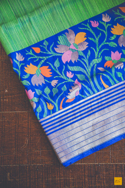 A banarasi saree with matka silk body and pure katan silk border. The saree is special for its lovely meenakaeri border. This trendy banarasi saree has a katan silk border, pallu and blouse. The lower border has lovely colourful jaal weaving in multiple colours.  This saree goes well for both formal and informal gatherings. Accessorise this saree with a gajra and pearl accessories to complete the look.