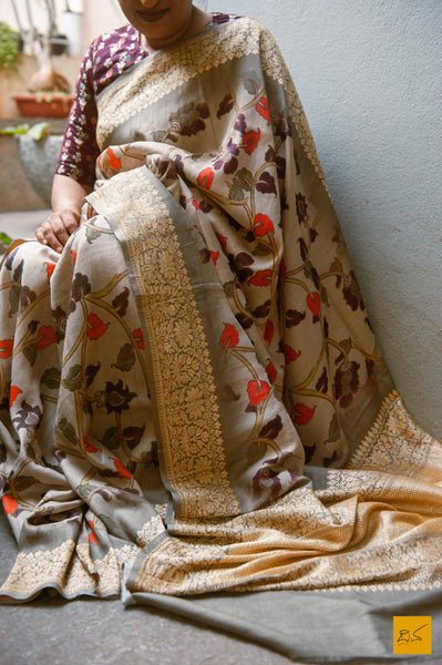A magnificent pure banarasi tussar silk handwoven saree with kalamkari prints. New trend of Tussar Silk Saree designs, Tussar Silk Saree for artists, art lovers, architects, saree lovers, Saree connoisseurs, musicians, dancers, doctors, Tussar silk saree, indian saree images, latest sarees with price, only saree images, new Tussar Silk saree design.