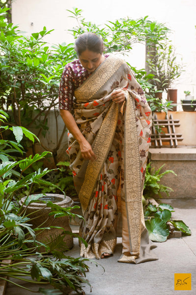 A magnificent pure banarasi tussar silk handwoven saree with kalamkari prints. New trend of Tussar Silk Saree designs, Tussar Silk Saree for artists, art lovers, architects, saree lovers, Saree connoisseurs, musicians, dancers, doctors, Tussar silk saree, indian saree images, latest sarees with price, only saree images, new Tussar Silk saree design.