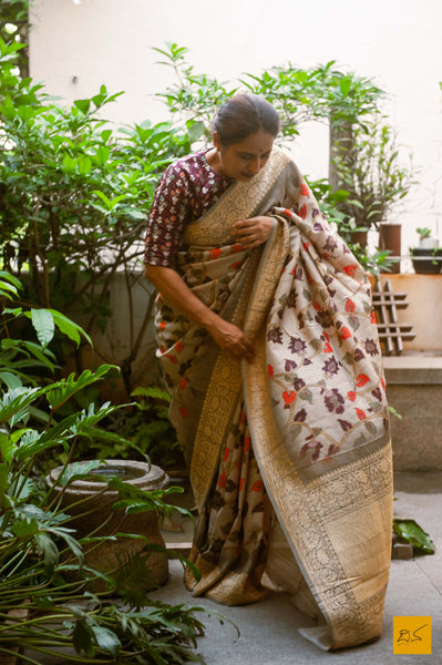 A magnificent pure banarasi tussar silk handwoven saree with kalamkari prints. New trend of Tussar Silk Saree designs, Tussar Silk Saree for artists, art lovers, architects, saree lovers, Saree connoisseurs, musicians, dancers, doctors, Tussar silk saree, indian saree images, latest sarees with price, only saree images, new Tussar Silk saree design.