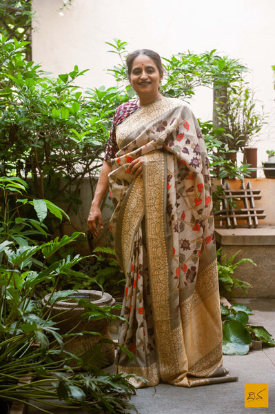 A magnificent pure banarasi tussar silk handwoven saree with kalamkari prints. New trend of Tussar Silk Saree designs, Tussar Silk Saree for artists, art lovers, architects, saree lovers, Saree connoisseurs, musicians, dancers, doctors, Tussar silk saree, indian saree images, latest sarees with price, only saree images, new Tussar Silk saree design.