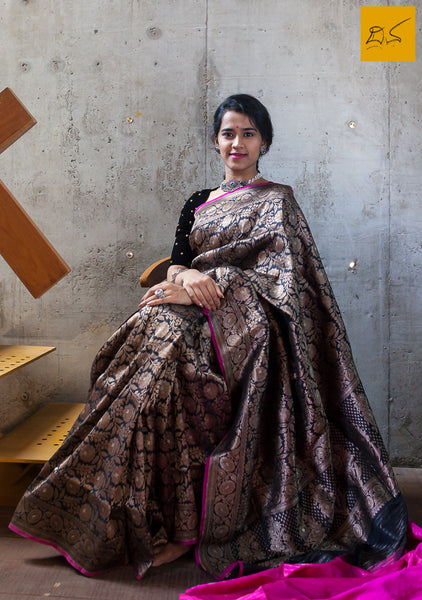 A beautiful banarasi katan silk handwoven brocade saree with meenakari in Rupa zari. The body of the saree has full brocade work in antique zari. The blouse is in pink colour. New trend of Banarasi Saree designs, Banarasi Saree for artists, art lovers, architects, saree lovers, Saree connoisseurs, musicians, dancers, doctors, Banarasi katan silk saree, indian saree images, latest sarees with price, only saree images, new Banarasi saree design.