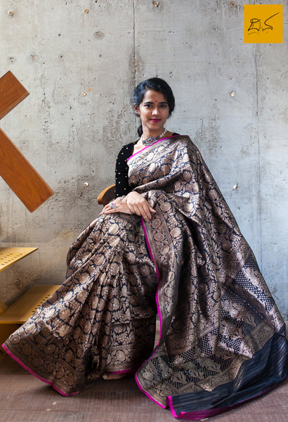 A beautiful banarasi katan silk handwoven brocade saree with meenakari in Rupa zari. The body of the saree has full brocade work in antique zari. The blouse is in pink colour. New trend of Banarasi Saree designs, Banarasi Saree for artists, art lovers, architects, saree lovers, Saree connoisseurs, musicians, dancers, doctors, Banarasi katan silk saree, indian saree images, latest sarees with price, only saree images, new Banarasi saree design.