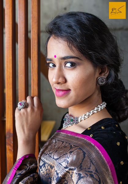A beautiful banarasi katan silk handwoven brocade saree with meenakari in Rupa zari. The body of the saree has full brocade work in antique zari. The blouse is in pink colour. New trend of Banarasi Saree designs, Banarasi Saree for artists, art lovers, architects, saree lovers, Saree connoisseurs, musicians, dancers, doctors, Banarasi katan silk saree, indian saree images, latest sarees with price, only saree images, new Banarasi saree design.