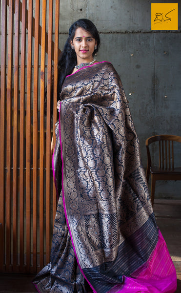 A beautiful banarasi katan silk handwoven brocade saree with meenakari in Rupa zari. The body of the saree has full brocade work in antique zari. The blouse is in pink colour. New trend of Banarasi Saree designs, Banarasi Saree for artists, art lovers, architects, saree lovers, Saree connoisseurs, musicians, dancers, doctors, Banarasi katan silk saree, indian saree images, latest sarees with price, only saree images, new Banarasi saree design.