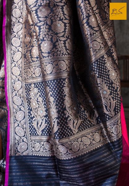 A beautiful banarasi katan silk handwoven brocade saree with meenakari in Rupa zari. The body of the saree has full brocade work in antique zari. The blouse is in pink colour. New trend of Banarasi Saree designs, Banarasi Saree for artists, art lovers, architects, saree lovers, Saree connoisseurs, musicians, dancers, doctors, Banarasi katan silk saree, indian saree images, latest sarees with price, only saree images, new Banarasi saree design.