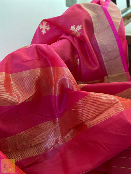 A lovely pink banarasi silk cotton handwoven saree with Khadwa Buttas. New trend of Saree designs, Saree for artists, art lovers, architects, saree lovers, Saree connoisseurs, musicians, dancers, doctors, silk saree, indian saree images, latest sarees with price, only saree images, new saree design.