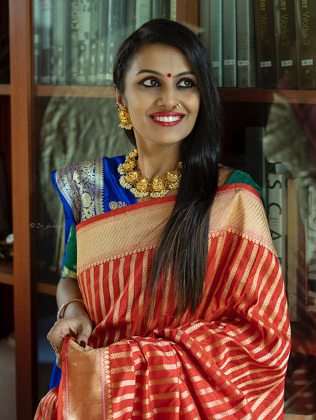 Indian wedding, festivals, handwoven saree for classical music singers, dancers, architects, saree connoisseurs, saree collectors, brides, bridesmaids. This is a pure katan silk saree which has a very soft drape and can be accessorised with diamonds, peals, precious stone jewellery depending on the occasion. Looks dressy with a gajra too. Traditional yet contemporary in its look.