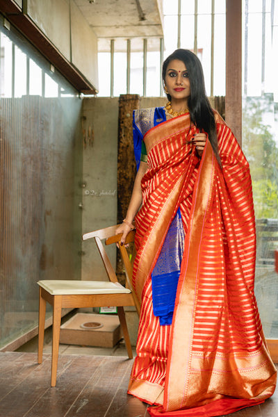 Indian wedding, festivals, handwoven saree for classical music singers, dancers, architects, saree connoisseurs, saree collectors, brides, bridesmaids. This is a pure katan silk saree which has a very soft drape and can be accessorised with diamonds, peals, precious stone jewellery depending on the occasion. Looks dressy with a gajra too. Traditional yet contemporary in its look.