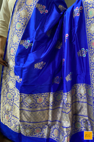 This is a gorgeous a Blue banarasi katan silk handwoven dupatta with kadhwa meenakari buttas. New trend of Silk Dupatta designs, Silk Dupatta for artists, art lovers, architects, dupatta lovers, Dupatta connoisseurs, musicians, dancers, doctors, Silk dupatta, indian dupatta images, latest dupattas with price, only dupatta images, new Silk dupatta design.