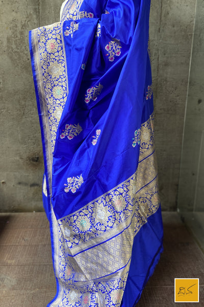 This is a gorgeous a Blue banarasi katan silk handwoven dupatta with kadhwa meenakari buttas. New trend of Silk Dupatta designs, Silk Dupatta for artists, art lovers, architects, dupatta lovers, Dupatta connoisseurs, musicians, dancers, doctors, Silk dupatta, indian dupatta images, latest dupattas with price, only dupatta images, new Silk dupatta design.