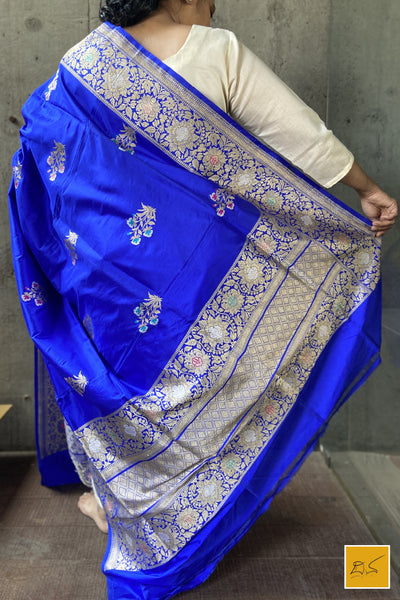 This is a gorgeous a Blue banarasi katan silk handwoven dupatta with kadhwa meenakari buttas. New trend of Silk Dupatta designs, Silk Dupatta for artists, art lovers, architects, dupatta lovers, Dupatta connoisseurs, musicians, dancers, doctors, Silk dupatta, indian dupatta images, latest dupattas with price, only dupatta images, new Silk dupatta design.