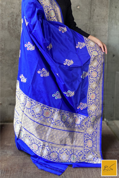 This is a gorgeous a Blue banarasi katan silk handwoven dupatta with kadhwa meenakari buttas. New trend of Silk Dupatta designs, Silk Dupatta for artists, art lovers, architects, dupatta lovers, Dupatta connoisseurs, musicians, dancers, doctors, Silk dupatta, indian dupatta images, latest dupattas with price, only dupatta images, new Silk dupatta design.