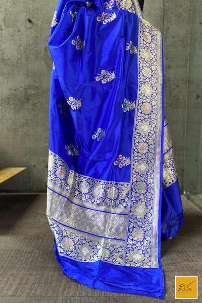 This is a gorgeous a Blue banarasi katan silk handwoven dupatta with kadhwa meenakari buttas. New trend of Silk Dupatta designs, Silk Dupatta for artists, art lovers, architects, dupatta lovers, Dupatta connoisseurs, musicians, dancers, doctors, Silk dupatta, indian dupatta images, latest dupattas with price, only dupatta images, new Silk dupatta design.