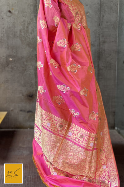 This is a gorgeous a pink banarasi katan silk handwoven dupatta with kadhwa meenakari buttas. New trend of Silk Dupatta designs, Silk Dupatta for artists, art lovers, architects, dupatta lovers, Dupatta connoisseurs, musicians, dancers, doctors, Silk dupatta, indian dupatta images, latest dupattas with price, only dupatta images, new Silk dupatta design.