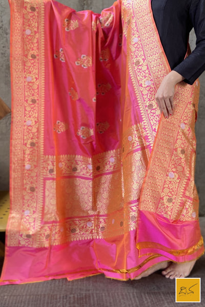 This is a gorgeous a pink banarasi katan silk handwoven dupatta with kadhwa meenakari buttas. New trend of Silk Dupatta designs, Silk Dupatta for artists, art lovers, architects, dupatta lovers, Dupatta connoisseurs, musicians, dancers, doctors, Silk dupatta, indian dupatta images, latest dupattas with price, only dupatta images, new Silk dupatta design.