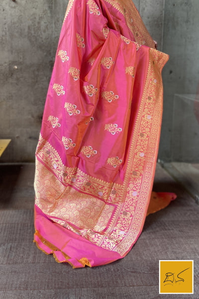 This is a gorgeous a pink banarasi katan silk handwoven dupatta with kadhwa meenakari buttas. New trend of Silk Dupatta designs, Silk Dupatta for artists, art lovers, architects, dupatta lovers, Dupatta connoisseurs, musicians, dancers, doctors, Silk dupatta, indian dupatta images, latest dupattas with price, only dupatta images, new Silk dupatta design.