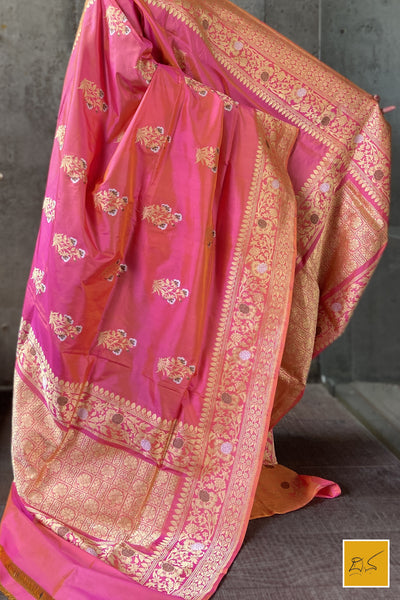 This is a gorgeous a pink banarasi katan silk handwoven dupatta with kadhwa meenakari buttas. New trend of Silk Dupatta designs, Silk Dupatta for artists, art lovers, architects, dupatta lovers, Dupatta connoisseurs, musicians, dancers, doctors, Silk dupatta, indian dupatta images, latest dupattas with price, only dupatta images, new Silk dupatta design.