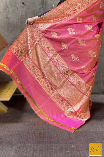 This is a gorgeous a pink banarasi katan silk handwoven dupatta with kadhwa meenakari buttas. New trend of Silk Dupatta designs, Silk Dupatta for artists, art lovers, architects, dupatta lovers, Dupatta connoisseurs, musicians, dancers, doctors, Silk dupatta, indian dupatta images, latest dupattas with price, only dupatta images, new Silk dupatta design.