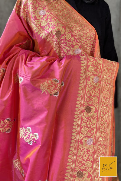 This is a gorgeous a pink banarasi katan silk handwoven dupatta with kadhwa meenakari buttas. New trend of Silk Dupatta designs, Silk Dupatta for artists, art lovers, architects, dupatta lovers, Dupatta connoisseurs, musicians, dancers, doctors, Silk dupatta, indian dupatta images, latest dupattas with price, only dupatta images, new Silk dupatta design.