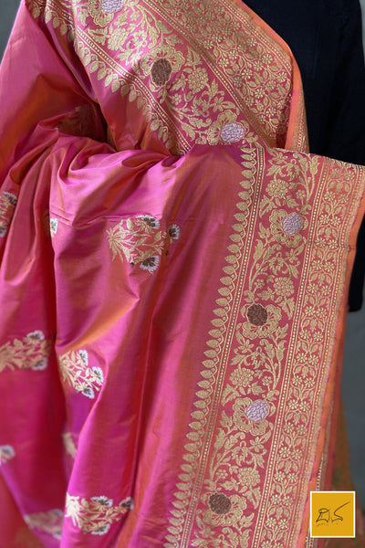 This is a gorgeous a pink banarasi katan silk handwoven dupatta with kadhwa meenakari buttas. New trend of Silk Dupatta designs, Silk Dupatta for artists, art lovers, architects, dupatta lovers, Dupatta connoisseurs, musicians, dancers, doctors, Silk dupatta, indian dupatta images, latest dupattas with price, only dupatta images, new Silk dupatta design.