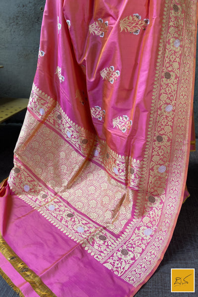 This is a gorgeous a pink banarasi katan silk handwoven dupatta with kadhwa meenakari buttas. New trend of Silk Dupatta designs, Silk Dupatta for artists, art lovers, architects, dupatta lovers, Dupatta connoisseurs, musicians, dancers, doctors, Silk dupatta, indian dupatta images, latest dupattas with price, only dupatta images, new Silk dupatta design.