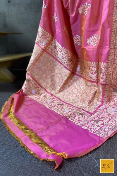 This is a gorgeous a pink banarasi katan silk handwoven dupatta with kadhwa meenakari buttas. New trend of Silk Dupatta designs, Silk Dupatta for artists, art lovers, architects, dupatta lovers, Dupatta connoisseurs, musicians, dancers, doctors, Silk dupatta, indian dupatta images, latest dupattas with price, only dupatta images, new Silk dupatta design.