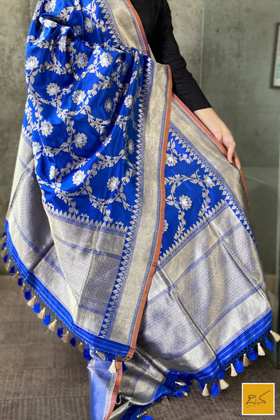 This is a gorgeous a blue banarasi katan silk handwoven dupatta with kadhwa meenakari buttas. New trend of Silk Dupatta designs, Silk Dupatta for artists, art lovers, architects, dupatta lovers, Dupatta connoisseurs, musicians, dancers, doctors, Silk dupatta, indian dupatta images, latest dupattas with price, only dupatta images, new Silk dupatta design.