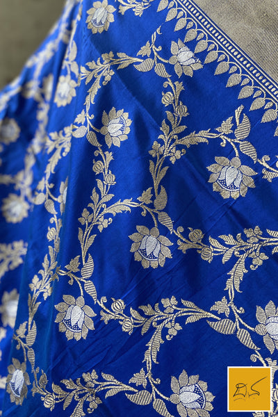This is a gorgeous a blue banarasi katan silk handwoven dupatta with kadhwa meenakari buttas. New trend of Silk Dupatta designs, Silk Dupatta for artists, art lovers, architects, dupatta lovers, Dupatta connoisseurs, musicians, dancers, doctors, Silk dupatta, indian dupatta images, latest dupattas with price, only dupatta images, new Silk dupatta design.
