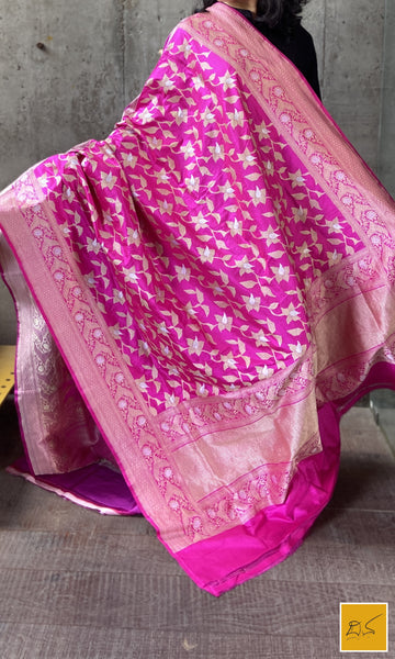 This is a gorgeous a pink banarasi katan silk handwoven dupatta with kadhwa meenakari buttas. New trend of Silk Dupatta designs, Silk Dupatta for artists, art lovers, architects, dupatta lovers, Dupatta connoisseurs, musicians, dancers, doctors, Silk dupatta, indian dupatta images, latest dupattas with price, only dupatta images, new Silk dupatta design.