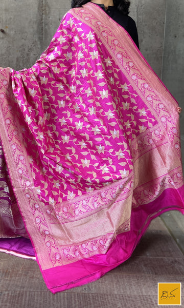 This is a gorgeous a pink banarasi katan silk handwoven dupatta with kadhwa meenakari buttas. New trend of Silk Dupatta designs, Silk Dupatta for artists, art lovers, architects, dupatta lovers, Dupatta connoisseurs, musicians, dancers, doctors, Silk dupatta, indian dupatta images, latest dupattas with price, only dupatta images, new Silk dupatta design.