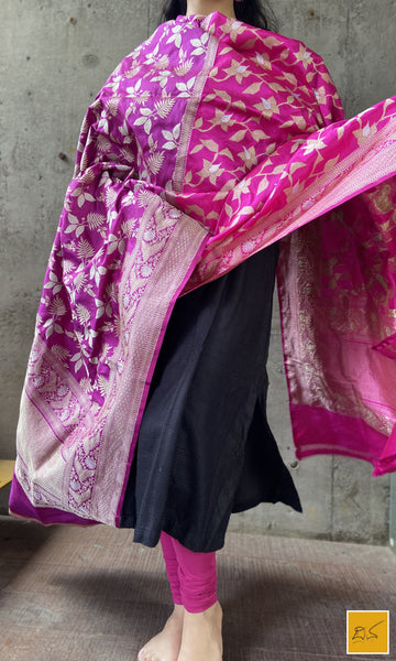 This is a gorgeous a pink banarasi katan silk handwoven dupatta with kadhwa meenakari buttas. New trend of Silk Dupatta designs, Silk Dupatta for artists, art lovers, architects, dupatta lovers, Dupatta connoisseurs, musicians, dancers, doctors, Silk dupatta, indian dupatta images, latest dupattas with price, only dupatta images, new Silk dupatta design.