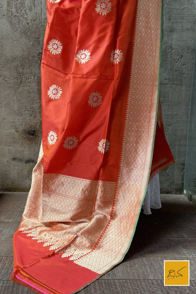 This is a gorgeous an orange-red banarasi katan silk handwoven dupatta with sona rupa buttas. New trend of Silk Dupatta designs, Silk Dupatta for artists, art lovers, architects, dupatta lovers, Dupatta connoisseurs, musicians, dancers, doctors, Silk dupatta, indian dupatta images, latest dupattas with price, only dupatta images, new Silk dupatta design.