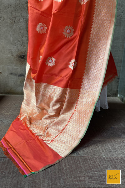 This is a gorgeous an orange-red banarasi katan silk handwoven dupatta with sona rupa buttas. New trend of Silk Dupatta designs, Silk Dupatta for artists, art lovers, architects, dupatta lovers, Dupatta connoisseurs, musicians, dancers, doctors, Silk dupatta, indian dupatta images, latest dupattas with price, only dupatta images, new Silk dupatta design.