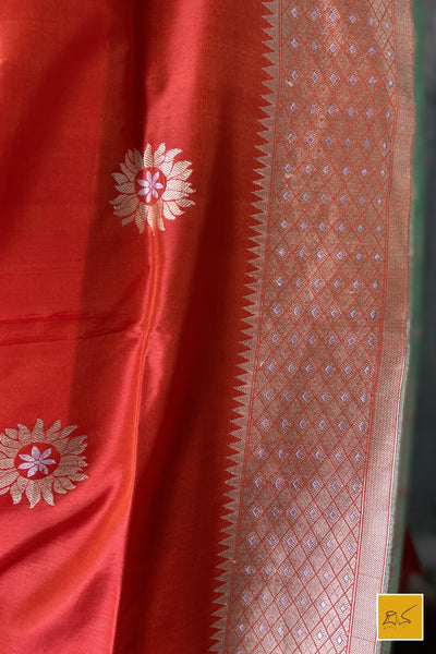 This is a gorgeous an orange-red banarasi katan silk handwoven dupatta with sona rupa buttas. New trend of Silk Dupatta designs, Silk Dupatta for artists, art lovers, architects, dupatta lovers, Dupatta connoisseurs, musicians, dancers, doctors, Silk dupatta, indian dupatta images, latest dupattas with price, only dupatta images, new Silk dupatta design.