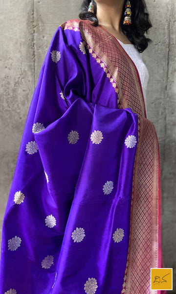 This is a gorgeous a dark Lavender banarasi katan silk handwoven dupatta with sona rupa kadhwa buttas. New trend of Silk Dupatta designs, Silk Dupatta for artists, art lovers, architects, dupatta lovers, Dupatta connoisseurs, musicians, dancers, doctors, Silk dupatta, indian dupatta images, latest dupattas with price, only dupatta images, new Silk dupatta design.