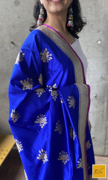 This is a gorgeous blue banarasi katan silk handwoven dupatta with kadhwa meenakari buttas. New trend of Silk Dupatta designs, Silk Dupatta for artists, art lovers, architects, dupatta lovers, Dupatta connoisseurs, musicians, dancers, doctors, Silk dupatta, indian dupatta images, latest dupattas with price, only dupatta images, new Silk dupatta design.