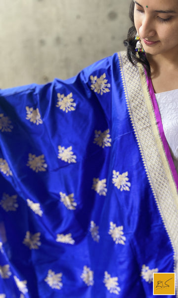 This is a gorgeous blue banarasi katan silk handwoven dupatta with kadhwa meenakari buttas. New trend of Silk Dupatta designs, Silk Dupatta for artists, art lovers, architects, dupatta lovers, Dupatta connoisseurs, musicians, dancers, doctors, Silk dupatta, indian dupatta images, latest dupattas with price, only dupatta images, new Silk dupatta design.
