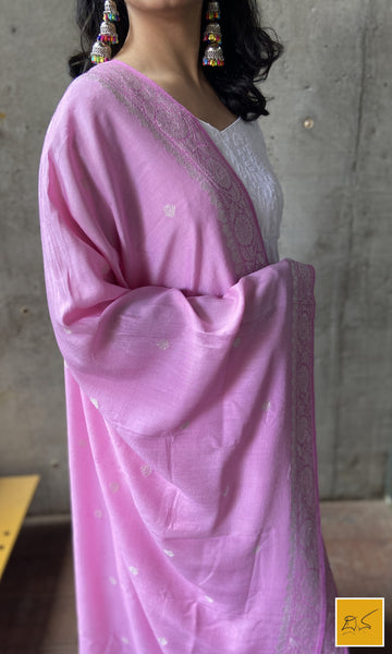 This is a gorgeous baby pink banarasi munga silk handwoven dupatta with kadhwa buttas woven in rupa zari. New trend of Silk Dupatta designs, Silk Dupatta for artists, art lovers, architects, dupatta lovers, Dupatta connoisseurs, musicians, dancers, doctors, Silk dupatta, indian dupatta images, latest dupattas with price, only dupatta images, new Silk dupatta design.