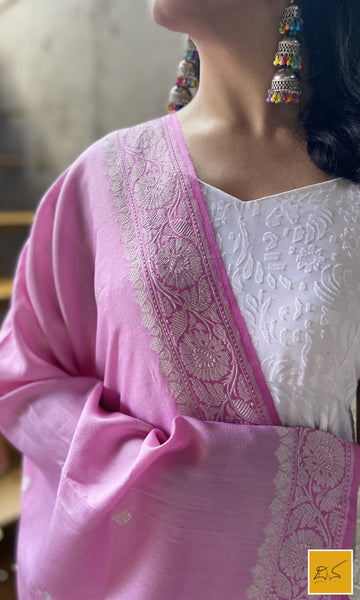 This is a gorgeous baby pink banarasi munga silk handwoven dupatta with kadhwa buttas woven in rupa zari. New trend of Silk Dupatta designs, Silk Dupatta for artists, art lovers, architects, dupatta lovers, Dupatta connoisseurs, musicians, dancers, doctors, Silk dupatta, indian dupatta images, latest dupattas with price, only dupatta images, new Silk dupatta design.