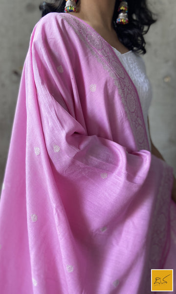 This is a gorgeous baby pink banarasi munga silk handwoven dupatta with kadhwa buttas woven in rupa zari. New trend of Silk Dupatta designs, Silk Dupatta for artists, art lovers, architects, dupatta lovers, Dupatta connoisseurs, musicians, dancers, doctors, Silk dupatta, indian dupatta images, latest dupattas with price, only dupatta images, new Silk dupatta design.