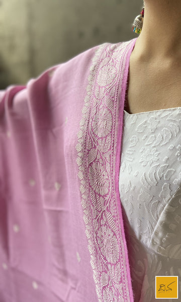 This is a gorgeous baby pink banarasi munga silk handwoven dupatta with kadhwa buttas woven in rupa zari. New trend of Silk Dupatta designs, Silk Dupatta for artists, art lovers, architects, dupatta lovers, Dupatta connoisseurs, musicians, dancers, doctors, Silk dupatta, indian dupatta images, latest dupattas with price, only dupatta images, new Silk dupatta design.