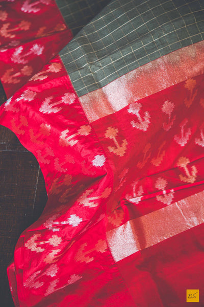 This is a gorgeous Banarasi Linen Silk handwoven Saree with zari checks woven on the body. The body is woven in linen and the border, pallu and blouse are woven in silk. The blouse is in red colour with woven border. New trend of Banarasi Saree designs, Banarasi Saree for artists, art lovers, architects, saree lovers, Saree connoisseurs, musicians, dancers, doctors, Banarasi silk saree, indian saree images, latest sarees with price, only saree images, new Banarasi saree design.
