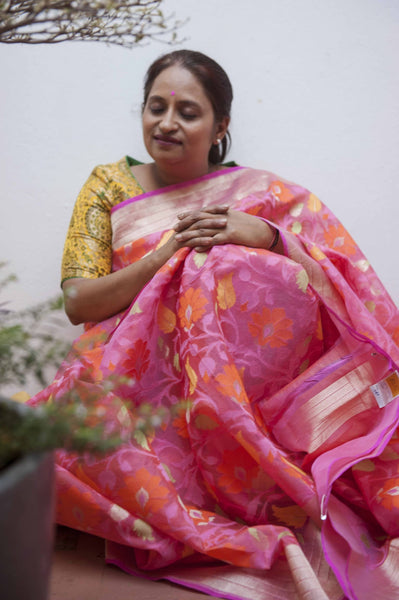 Bubblegum Pink Banarasi Kora Silk Organza Handwoven Saree