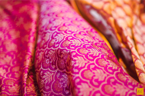 A beautiful katan silk banarasi handwoven sari with a pink body. New trend of Banarasi Saree designs, Banarasi Saree for artists, art lovers, architects, saree lovers, Saree connoisseurs, musicians, dancers, doctors, Banarasi Katan silk saree, indian saree images, latest sarees with price, only saree images, new Banarasi saree design.