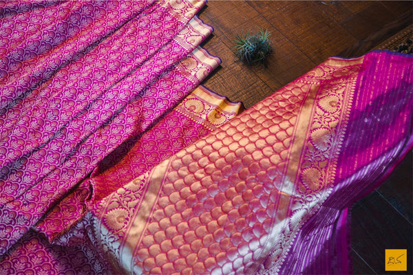 A beautiful katan silk banarasi handwoven sari with a pink body. New trend of Banarasi Saree designs, Banarasi Saree for artists, art lovers, architects, saree lovers, Saree connoisseurs, musicians, dancers, doctors, Banarasi Katan silk saree, indian saree images, latest sarees with price, only saree images, new Banarasi saree design.