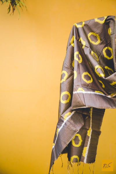 pure silk brown yellow ikat stole, handmade, trendy look, fashion, brighten up the corporate look , handmade is better, lawyers, students, doctors, artists, architects, musicians, media person, brown yellow
