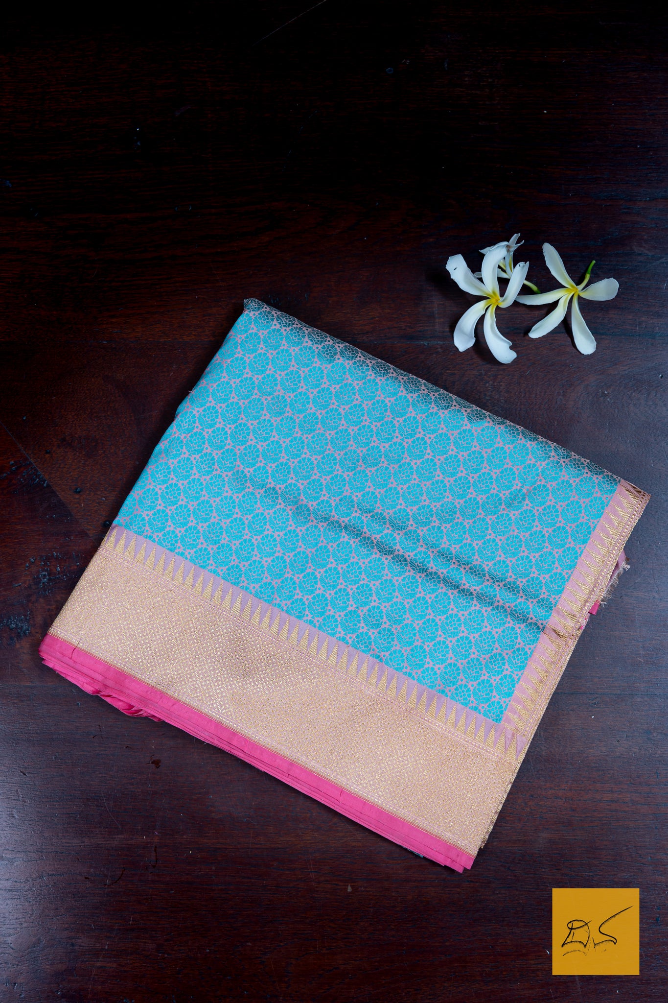 Mahalasa- Peach & Blue Banarasi Katan Silk Handwoven Saree