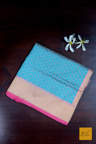 Mahalasa- Peach & Blue Banarasi Katan Silk Handwoven Saree