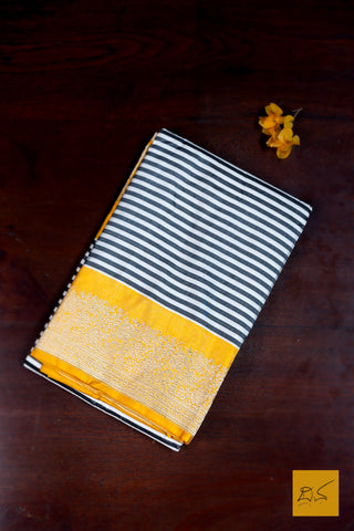 Vilohitha- Black-White & Yellow Banarasi Katan Silk Handwoven Saree